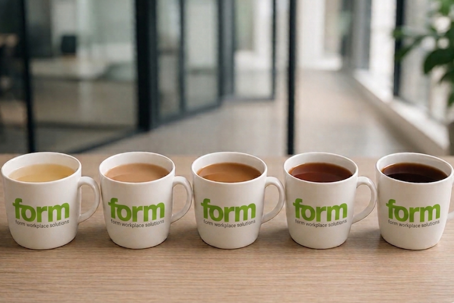 white mugs with Form logo in varying strength from left to right