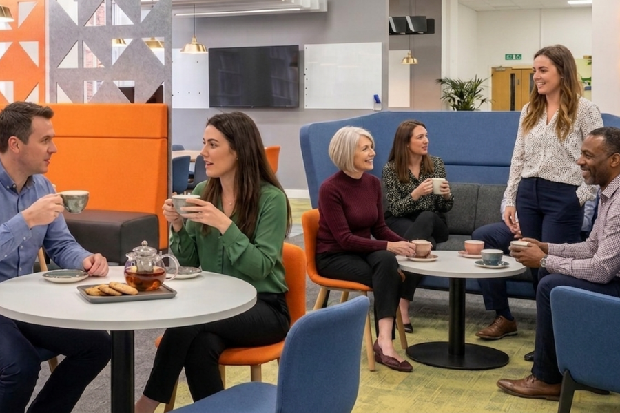 a lady and a man seated at a round table to the left with tea and a group of four in a work pod breakout area enjoying a break