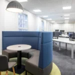 Modern office layout with booths and desks